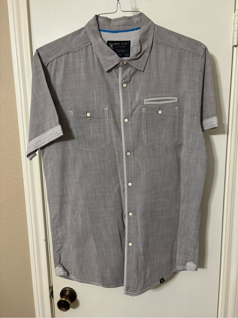 Marc Ecko Cut & Sew Gray Short Sleeve Snap Shirt - L
